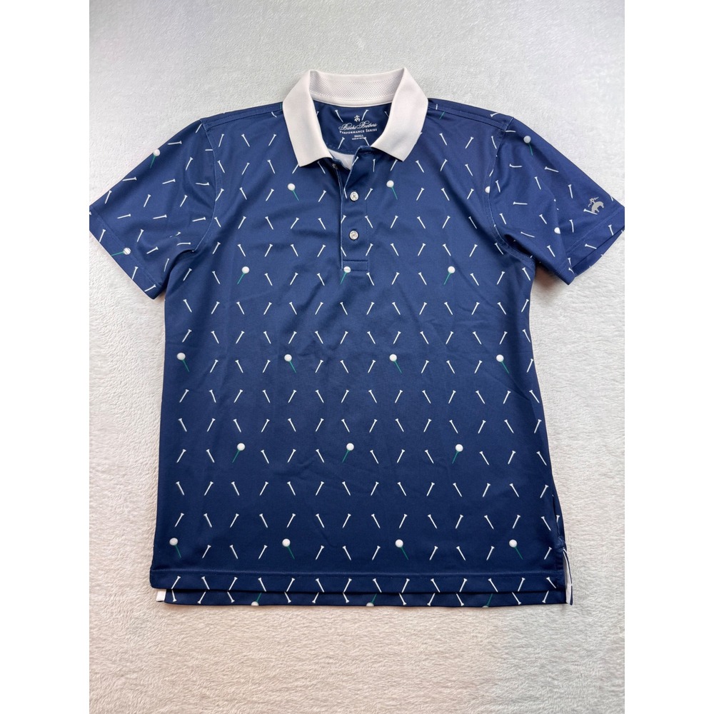 Brooks Brothers Performance Series Golf Polo Shirt Navy Blue Tee Print Mens S